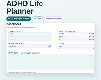 ADHD Life Planner | Budget, Habit, Task Tracker (Excel, Google Sheets)