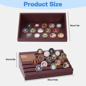 May include: A two-tiered, dark brown wooden display case with a flag design, holding various collectible coins. The top shelf is 7.4 inches high, and the base is 11.8 inches wide. The display is 3.9 inches tall.