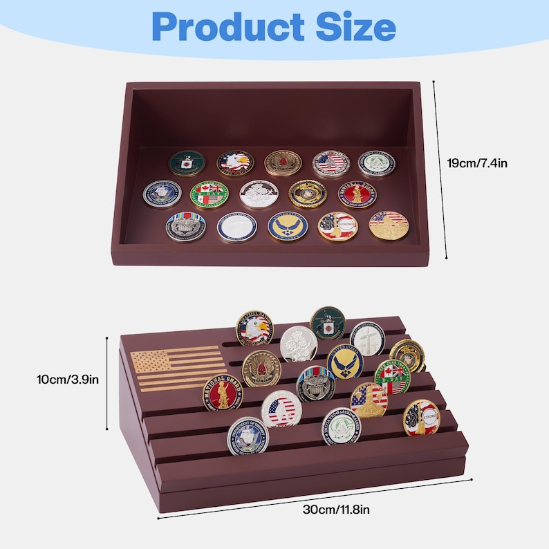 May include: A two-tiered, dark brown wooden display case with a flag design, holding various collectible coins. The top shelf is 7.4 inches high, and the base is 11.8 inches wide. The display is 3.9 inches tall.