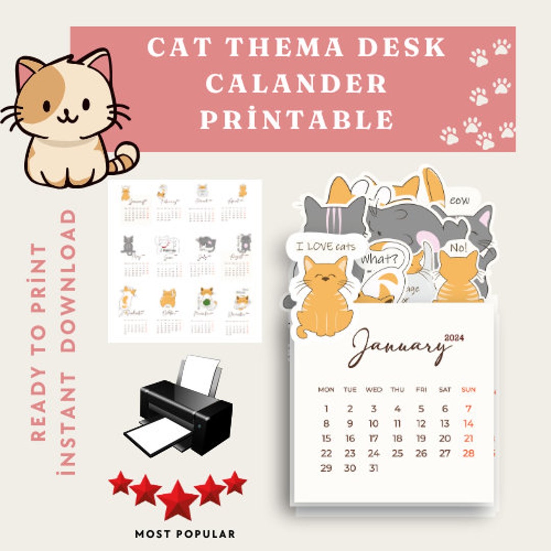 2024 Cat Desk Calendar Printable, 2024 Calendar, Mini Calendar, Printable, Monday Start,cat