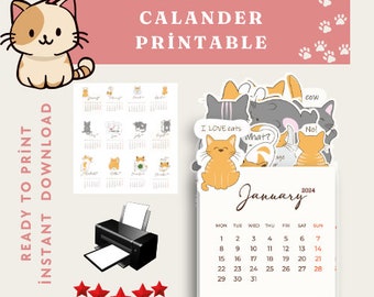 2024 Katze Tischkalender druckbar, Kalender 2024, Minikalender, druckbar, Montag Start