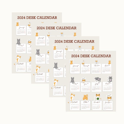 2024 Cat Desk Calendar Printable, 2024 Calendar, Mini Calendar, Printable, Monday Start,cat