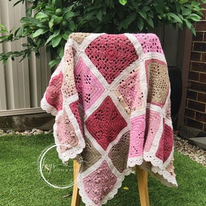 Crocheted Patchwork Blanket | Pink Berry Granny Square Throw | Boho Cottage Decor