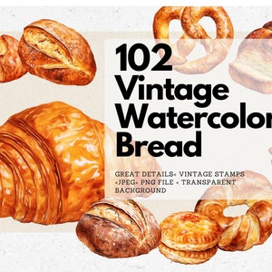 Bundle di clipart vintage pane fresco dell’acquerello 102, arte del cibo retrò, PNG, grafica, clipart premade, decorazione da parete, arte digitale, stampabile, fai da te