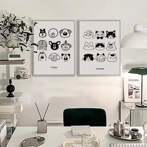 Set di 2 poster di illustrazione di cartoni animati animali domestici minimalisti, cucciolo di gattino, arte della parete con stampa digitale carina, arte intercambiabile, stampabile