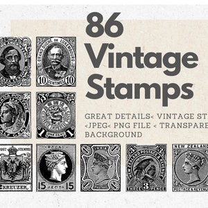 May include: A collection of 86 vintage postage stamps featuring black and white illustrations of people, animals, and symbols. The stamps are arranged in a grid pattern on a beige background. The text "GREAT DETAILS - VINTAGE STAMPS <JPEG< PNG FILE < TRANSPARENT BACKGROUND" is printed below the stamps.