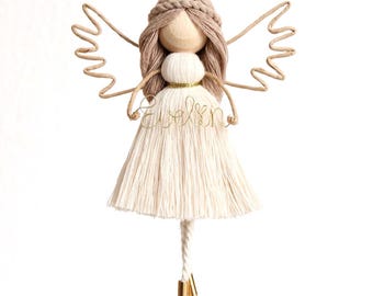 Schutzengel Anhänger personalisiert mit goldenem Namen oder mit Stoffherz | Geschenk für Mama | Engel Figur als Wohndeko | Boho Engel