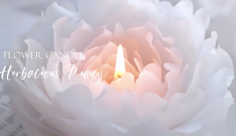May include: A white flower candle with a lit wick in the center. The candle is shaped like a peony and has the text "FLOWER CANDLE Herbaceous Peony" on the front.