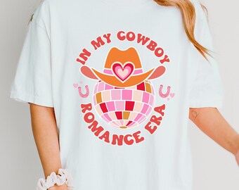T-shirt couleurs confort In my Cowboy Romance Era, cowboy romance, t-shirt livresques, livre girlie merch, cadeau pour femme, western romance, amateur de livres
