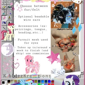 May include: A digital art collage featuring My Little Pony characters and fursuit masks. Text includes options for fur/felt, bendable ears, accessories, and fursuit mesh for eyes. The image has a retro aesthetic.