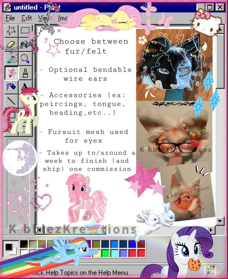 May include: A digital art collage featuring My Little Pony characters and fursuit masks. Text includes options for fur/felt, bendable ears, accessories, and fursuit mesh for eyes. The image has a retro aesthetic.