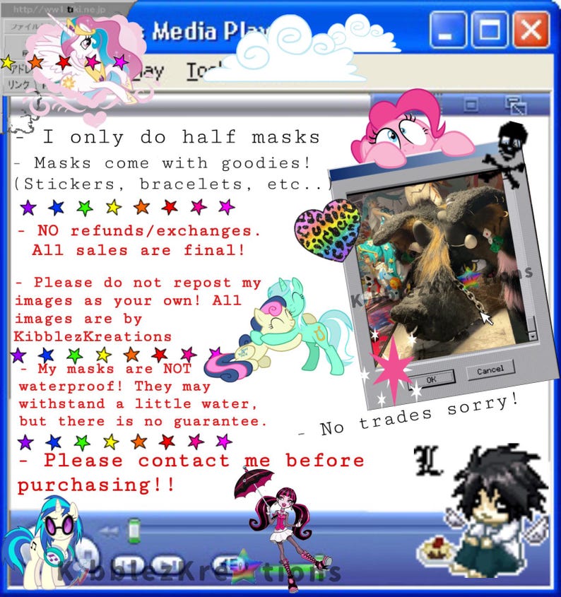 May include: A digital art image featuring a computer window with cartoon characters and text. The text includes "I only do half masks" and "Please contact me before purchasing!!" A window displays a furry mask. Colorful stars and hearts decorate the image.