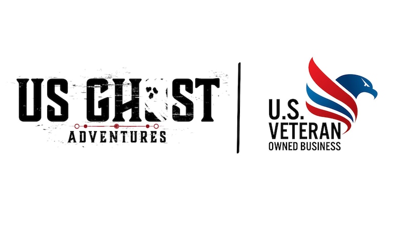 Puede incluir: Logotipo de US Ghost Adventures con una fuente negra desgastada y el texto "U.S. Veteran Owned Business" con un logotipo de &aacute;guila rojo, blanco y azul.