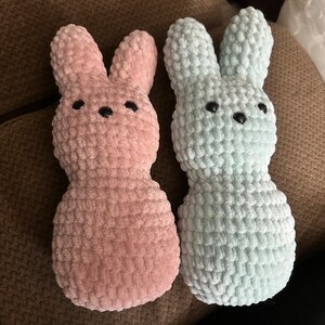 May include: Two handmade crochet bunny rabbits. One is light pink, the other is light blue. Both have black button eyes and long ears. The bunnies are made of a soft, textured yarn, perfect for Easter or nursery decor.
