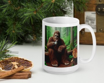 White glossy mug, Sasquatch, Bigfoot