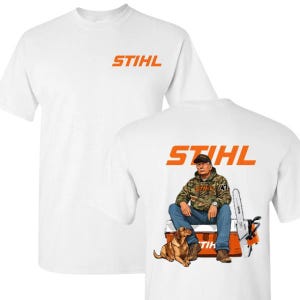 a white shirt with an image of a man and a dog