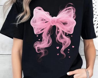 Pink Bow T-Shirt, Coquette Y2k Aesthetic Tee, Floating Heart Design