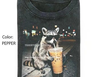 Comfort Colors Raccoon Drinking Iced Coffee Tee, Funny Animal Meme Sweatshirt, Coffee Lover Raccoon Shirt, Unisex Graphic Hoodie