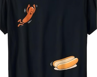 Jumping Hot Dog T-Shirt, Funny Foodie Graphic Tee, Cartoon Sausage Humor