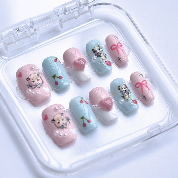 034-"Retro Sweetheart" Y2K Cute Kawaii Cat and Puppy Sweet Press On Nails |Handpainted Fake/False Nails| Prom/Event/Birthday Nails.