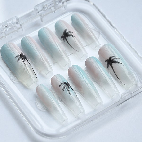 039-”Island Summer" Hand Painted Coconut Tree Press On Nails| Blue Pink Ombre Press On Nails| Beach Art in Fake/False Nails
