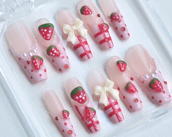 Custom Handmade Kawaii Strawberries Press On Nails |Flakes For Nails| Press on Nails| Wedding Nails Gift| Japanese Nails