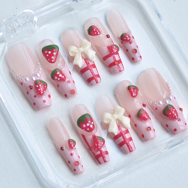 Custom Handmade Kawaii Strawberries Press On Nails |Flakes For Nails| Press on Nails| Wedding Nails Gift| Japanese Nails