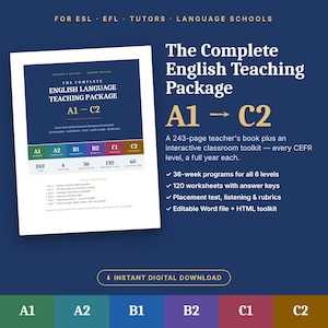 Puede incluir: Un recurso didáctico digital titulado The Complete English Teaching Package A1-C2. La imagen muestra la portada de un libro del profesor de 243 páginas, una lista de contenidos y un resumen de programas de 36 semanas y 120 hojas de trabajo.
