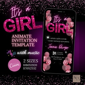 Animate Baby Shower Girl Invitation, Animated Baby Shower Evite, Blush Pink Mobile Invite, Canva Editable Baby Shower and Thank You eCard