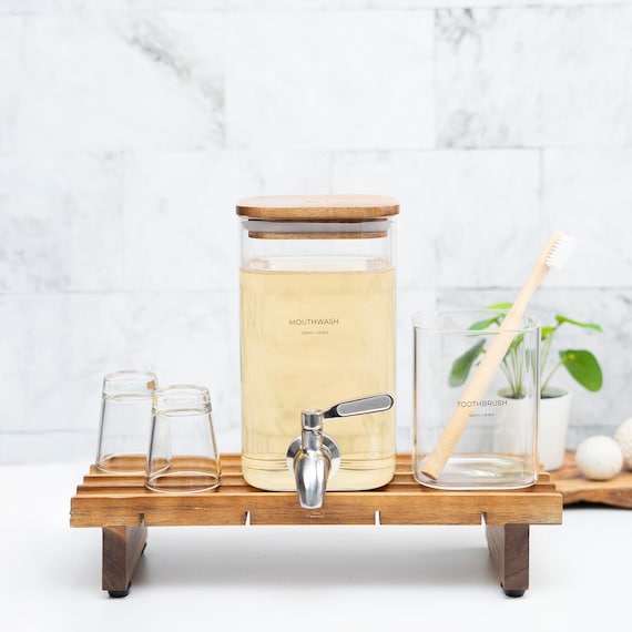 Mouthwash Dispenser with Cups Glass Bathroom Accessory Set Acacia Wooden Tray Guest Bathroom Set Mouthwash Bottle New Homeowner Gift for Mom