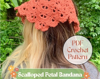 Scalloped Petal Bandana Crochet PDF Pattern - Beginner Cottagecore Headscarf - Pattern Download Only