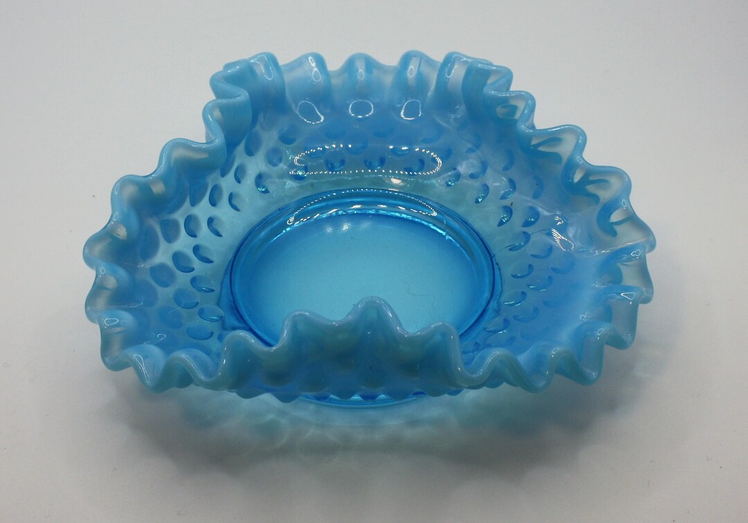 Vintage Fenton Blue Opalescent Hobnail Glass Ruffled Edge Candy Trinket ...