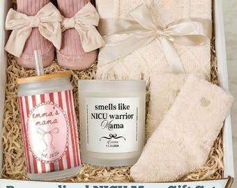 Personalized NICU Mom Gift Box, NICU Warrior New Mama Gift with Custom Name Candle and Tumbler, Preemie Baby Care Basket, Strength Gift
