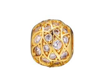 Nuevo encanto auténtico 2023 S925, linda ronda dorada detallada con circonita transparente, pulseras Pandora de alta calidad, encantos de plata