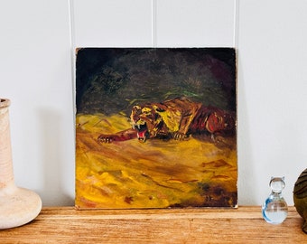 Small Dark and Moody Vintage Oil on Board Painting of a Tiger Unknown Artist