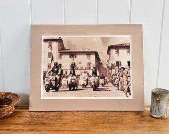 Vintage Black & White Sepia Toned Photograph of Vespa Scooter Race or Parade in Italian Village Italy in Professionally Cut Mat