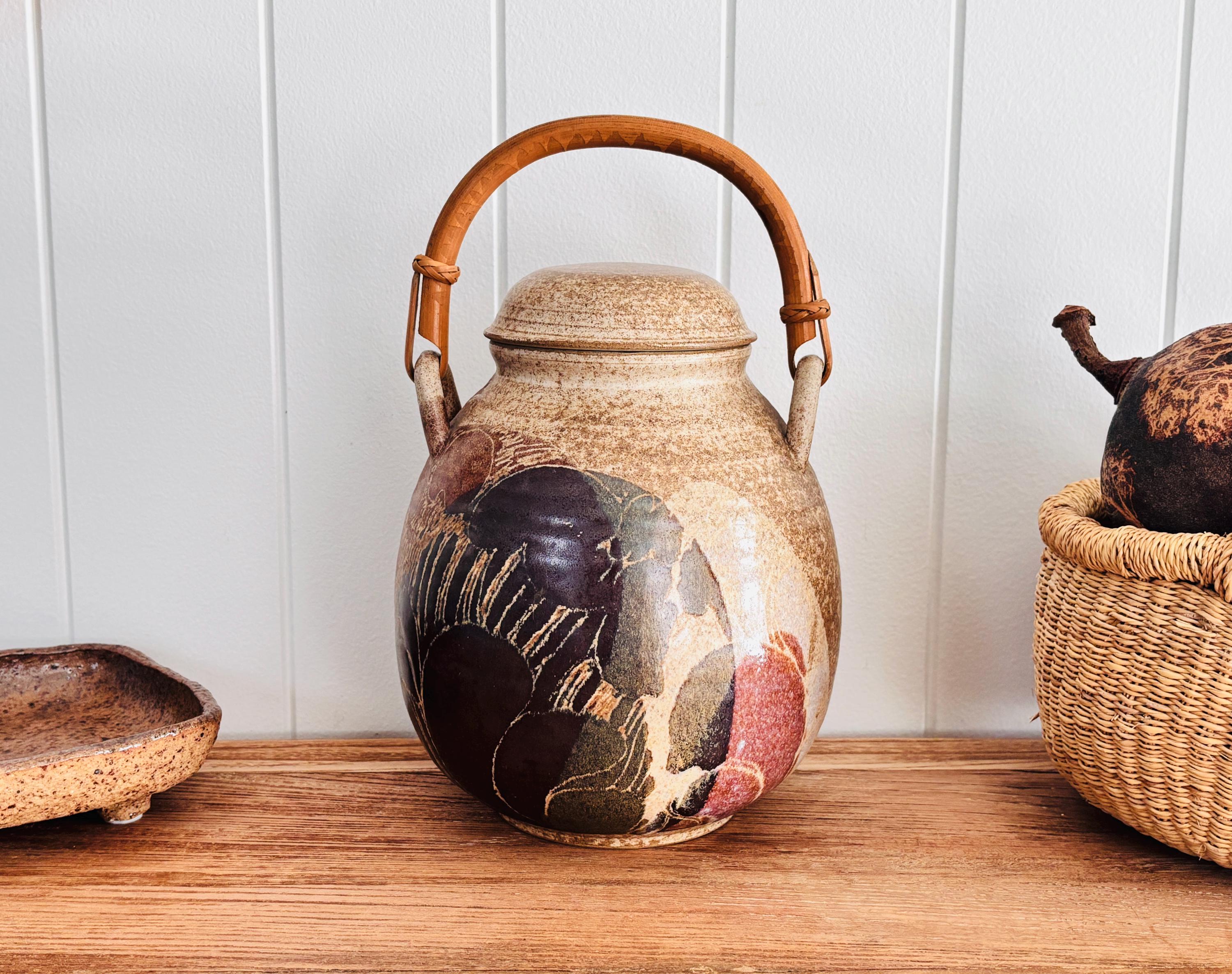 Huge Vintage Diana Worthy Crich Pottery Studio Pot Bellied Kitchen Canister Storage Container Hand Made in UK with Trees and Landscape