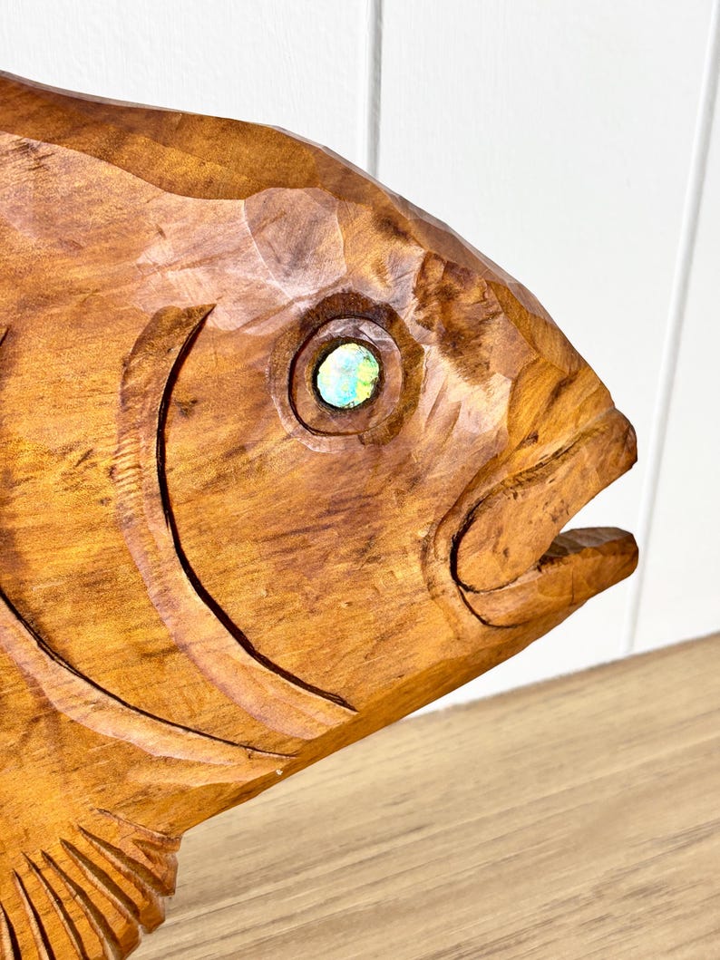 Vintage Mid Century Hand Made Carved Wooden Fish Wall Hanging With Paua ...
