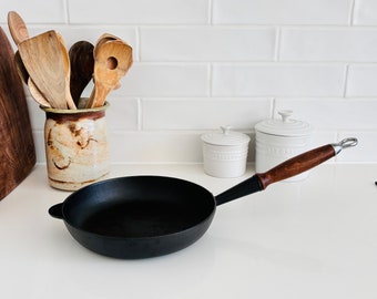 Vintage Black Cast Iron Cousances Le Creuset Fry Pan with Wooden Handle Amazing Condition