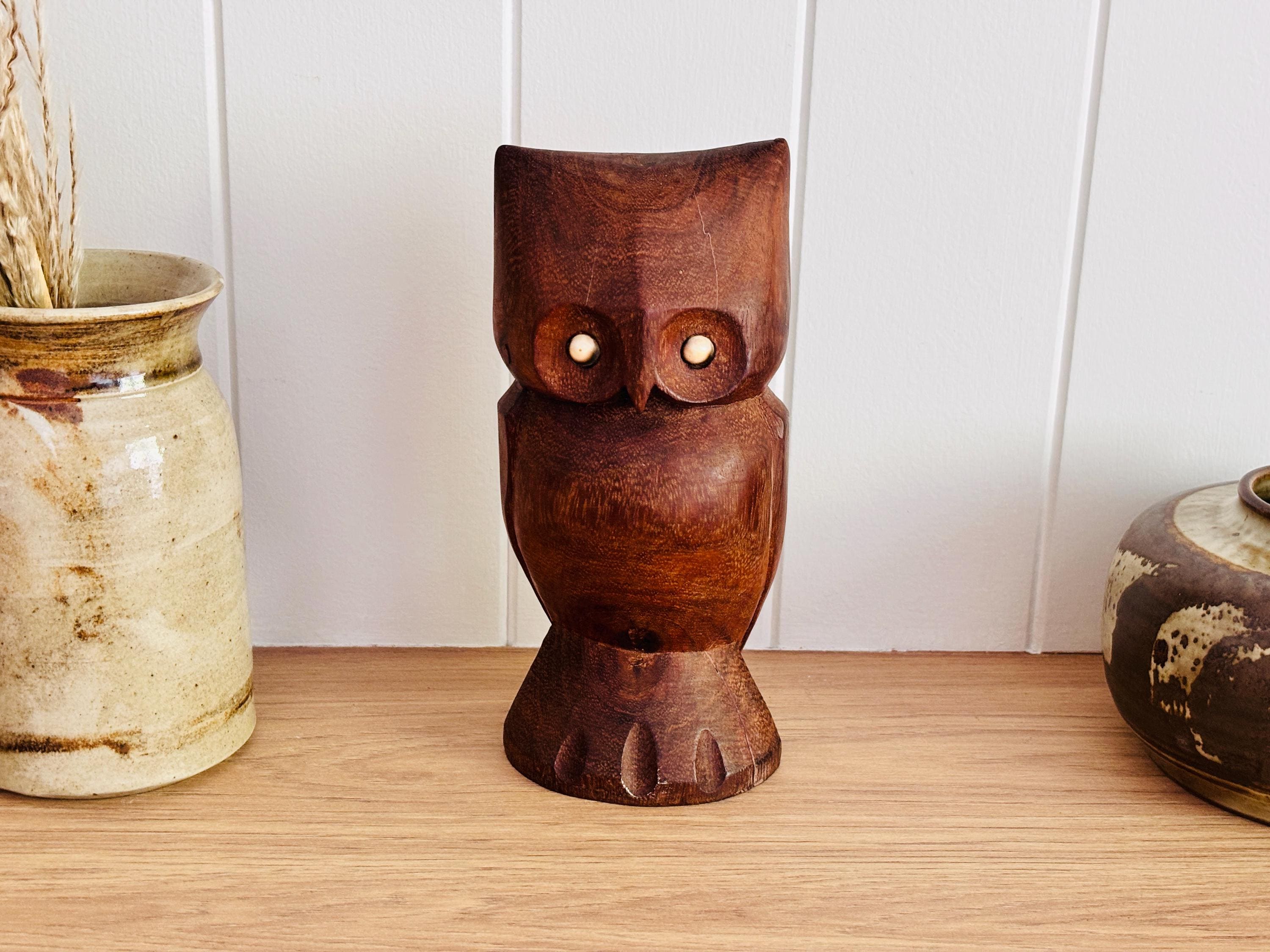 Vintage Hand Carved Wooden Wise Owl Statue Figurine Possibly Teak Wood Mid Century Style