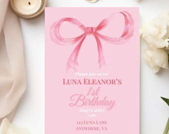 Editable Birthday Invitation Template, Pink Bow, Coquette Design, Young Girl Party, Cottagecore Theme, Ballet, Simple Invite, Plain Teenager