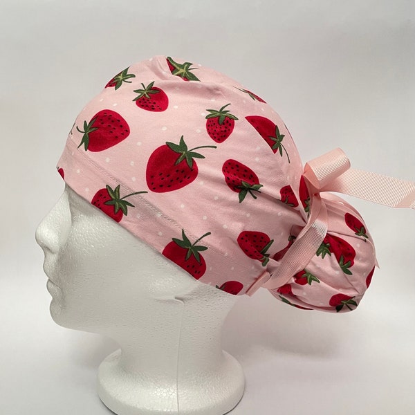 Strawberry patterned scrub cap for long hair/bun/ponytail with ribbon, medical cap for women