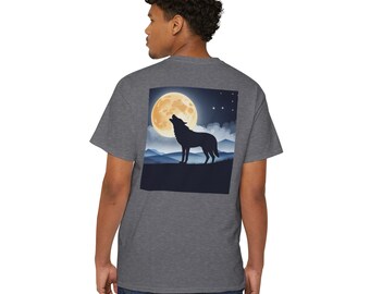 Unisex Heavy Cotton Pocket Tee, Western wear, Wolf, Full moon, fun gift for woman, fun gift for man,