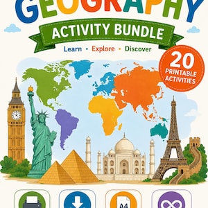 Peut inclure: Le Ultimate Geography Activity Bundle présente une carte du monde colorée avec des illustrations de Big Ben, la Statue de la Liberté, les pyramides, le Taj Mahal, la tour Eiffel et la Grande Muraille. Comprend 20 activités imprimables.