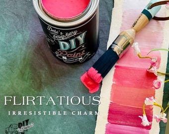 May include: A pink paint can with the text "Debi's design diary DIY Paint because you can" on the label. The paint can is next to a paintbrush with pink paint on the bristles. The text "FLIRTATIOUS IRRESISTIBLE CHARM" is below the paint can and brush. A small truck logo with the text "DIY Paint Co." is in the bottom left corner.