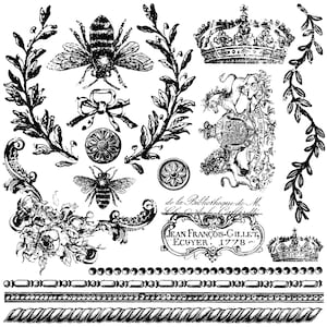 May include: Black and white vintage style graphic design elements with bees, crowns, floral wreaths, and ornate borders. The text reads "de la Bibliotheque de M. et de Charles Castellani, JEAN FRANÇOIS-GILLET, ECUYER. 1778."