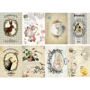 May include: A collection of eight vintage-style postcards. The postcards feature illustrations of animals, flowers, and ornate frames. Some cards include text such as "Easter Song," "Paris 1889," and "New Oxford Sheep." The color palette includes soft pastels and sepia tones.