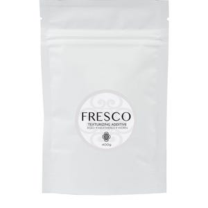 May include: White resealable pouch with a round label that says "FRESCO TEXTURIZING ADDITIVE AGED. WEATHERED. WORN. 400g"