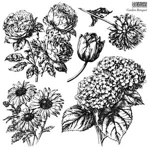 May include: Black and white line art illustrations of various flowers, including roses, tulips, hydrangeas, daisies, and dahlias. The image is titled "Garden Bouquet" from Iron Orchid Designs.