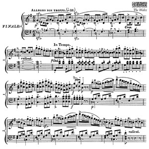 May include: Sheet music for "The Waltz" with musical notes, clefs, and dynamic markings. The text "FINALE" and tempo indications like "ALLEGRO NON TROPPO" are visible. The music is written in black ink on a white background.